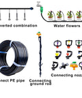 50 Foot One Quarter Inch Drip Irrigation Tubing For Lawn And Garden with connectors and nozzles, installation illustration