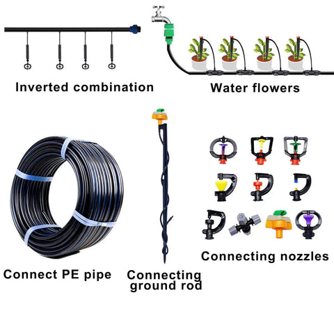 50 Foot One Quarter Inch Drip Irrigation Tubing For Lawn And Garden with connectors and nozzles, installation illustration