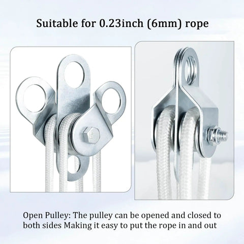 Double Snatch Block And Tackle Pulley System With Thirty Two Feet Of One Quarter Inch Rope And Hook Easy Install Heavy Duty Cable Pulley For Garage Attic Kayak Bike Lifting Up To One Hundred Fifty Pounds Side Opening Design, open pulley for 6mm rope