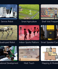 Collage depicting robots and technology for smart agriculture, service, education, and mapping applications.