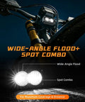Close-up of 3 Inch White 6000 6500K Headlight Kit with Spot Flood Beam on a motorcycle handlebar showing wide-angle flood and spot combo.
