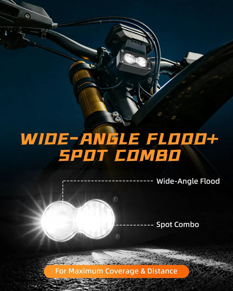 Close-up of 3 Inch White 6000 6500K Headlight Kit with Spot Flood Beam on a motorcycle handlebar showing wide-angle flood and spot combo.