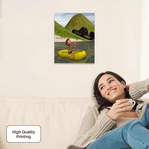 Living room with Dope Cartoon Man On Ocean Rowing Inflatable Raft Canvas Wrap 11x14 Museum Grade Gallery Ready displayed on wall.