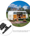 RV side mount push to open latch set for camper cabinets and drawer doors, displayed in front of a scenic camper van setup