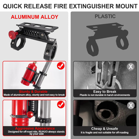 Quick Release Fire Extinguisher Mount Bracket for Offroad Jeeps and UTVs, aluminum alloy, side view comparison with plastic
