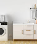 Bathroom vanity with Beech Wood Drawer Pulls 10 Pack Gold Finish Cabinet Handles next to washing machine, minimal decor.