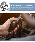 Get Your Ride Looking Fresh With This 6pc Shifter Knob Repair Kit Featuring Abs Material For Perfect Car Gear Handle Replacement And Seamless Shift Experience. 6pc ABS shifter knob repair kit, black and silver parts, held on a car gear lever