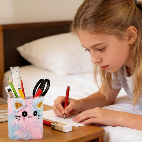 Cute Cool Cat Pen Holder Desk Organizer with colorful faux fur and pens, on desk next to girl writing