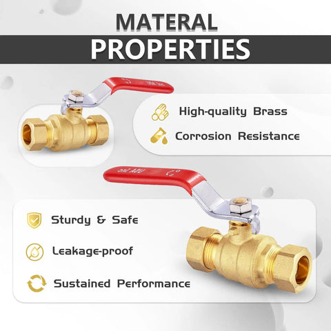 100 Pack One Half Inch Compression Shut Off Ball Valves With Red Handle For PEX Copper And CPVC Piping, Full Port Brass Construction, High Temperature And Pressure Resistant, DIY Plumbing Install Kit brass ball valve shown with red handle, high-quality brass and corrosion resistance