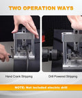Heavy Duty Manual Wire Stripper With Drill Mount Cable Peeler handles shown with hand crank and drill operations for copper stripping.