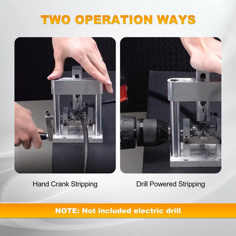 Heavy Duty Manual Wire Stripper With Drill Mount Cable Peeler handles shown with hand crank and drill operations for copper stripping.