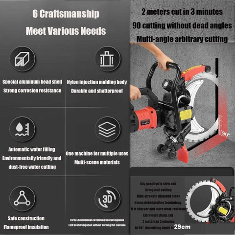 Hella Powerful Brushless Electric Circular Saw With Water Pump Wet Cut Concrete Granite Brick Tile Cutter 290mm Blade shown in use with diamond blade for precise cutting.