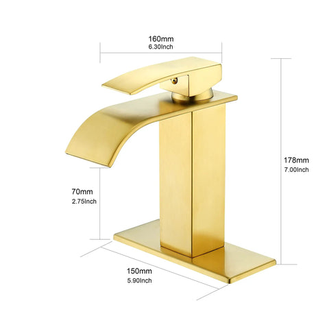 Gold Waterfall Bathroom Faucet With Brushed Gold Finish Modern Single Handle Vanity Faucet For One Hole Sink Lead Free Stainless Steel Smooth Waterfall Spout Easy Install Includes Drain And Supply Lines