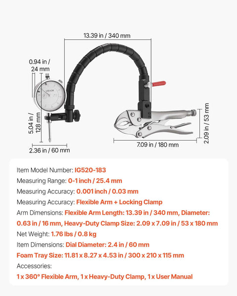 Dial Test Indicator With 360 Degree Flexible Arm And Locking Pliers, 0.001 Inch Accuracy, 0 To 1 Inch Travel, dimensions shown