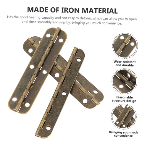 Front view of three antique-brass heavy-duty steel piano hinges for furniture, 20-piece set.