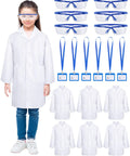 Child in white lab coat with goggles alongside six sets of white lab coats, goggles, and ID card holders, small size, Six Set Of White Kids Lab Coats With Goggles And ID Card Holders, 18 Piece Doctor Scientist Dress Up Kit For Boys And Girls, Role Play Costume Bundle, Small Size, Kid Friendly Lab Gear For Fun Play.