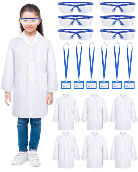 Child in white lab coat with goggles alongside six sets of white lab coats, goggles, and ID card holders, small size, Six Set Of White Kids Lab Coats With Goggles And ID Card Holders, 18 Piece Doctor Scientist Dress Up Kit For Boys And Girls, Role Play Costume Bundle, Small Size, Kid Friendly Lab Gear For Fun Play.