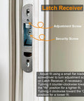 Top Shelf Two Panel Sliding Patio Door Lock And Receiver Kit Replacement showing latch receiver with adjustment and security screws.