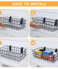12 Pack Slatwall Organizer Kit with 4 wire baskets installed on a slatwall, demonstrating easy attachment process.