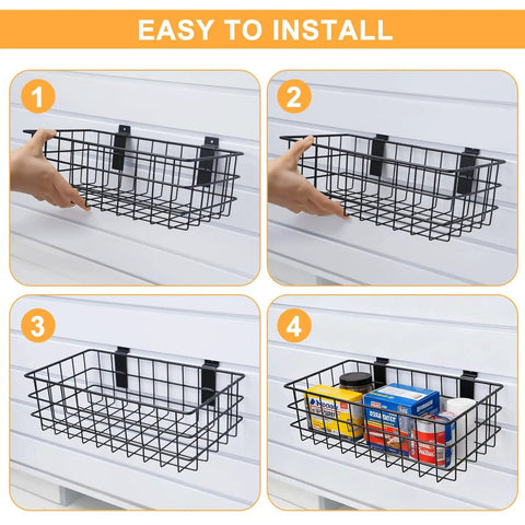 12 Pack Slatwall Organizer Kit with 4 wire baskets installed on a slatwall, demonstrating easy attachment process.