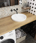 Bathroom counter with light wood surface using 36 Inches By 200 Inches Wood Grain Contact Paper Peel And Stick Wallpaper.