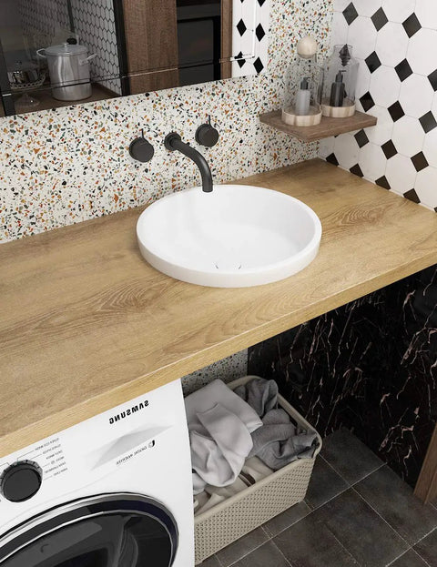 Bathroom counter with light wood surface using 36 Inches By 200 Inches Wood Grain Contact Paper Peel And Stick Wallpaper.