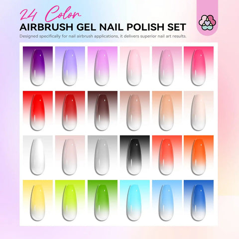 Airbrush Gel Nail Polish Set With 24 Hema-Free Non-Acetone Colors For Gradients And Layered Nail Art color swatches chart