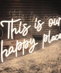 Customizable Neon Sign For Wall Decor Warm White LED Neon Light With Sturdy Acrylic Backplate 19.7 Inch By 9.8 Inch Indoor Display Ideal For Birthday Parties Weddings Christmas Living Rooms And Epic Gift For Adults Teens."This is our happy place" text in warm white LED on acrylic.