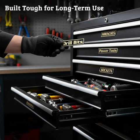 12 Pack Magnetic Toolbox Labels With Ultra Strong Embedded Magnets For Steel Surfaces No Fuss Reusable 3D Printed Tool Organizer Tags For Tool Chests Rolling Carts Drawers Cabinets In Black installed on tool chest