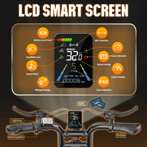 LCD smart screen on Powerful 2500W Peak Fat Tire Electric Bike For Adults With 32 MPH Top Speed And 100 Mile Range 48V 20Ah Battery