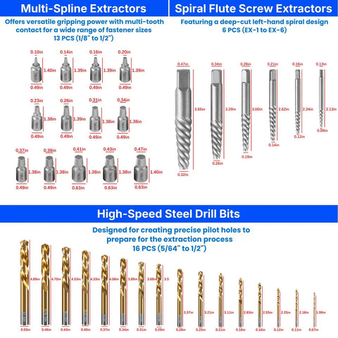 Heavy Duty 35-Piece Screw Extractor And Drill Bit Set For Pulling Broken Studs stripped bolts rusted seized fasteners, size chart