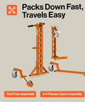 Serious Heavy Duty Hydraulic Drum Lift Crank For 55-Gallon Drums Handles Up To 550 Pounds With Ease showing tool-free assembly and mobility features.