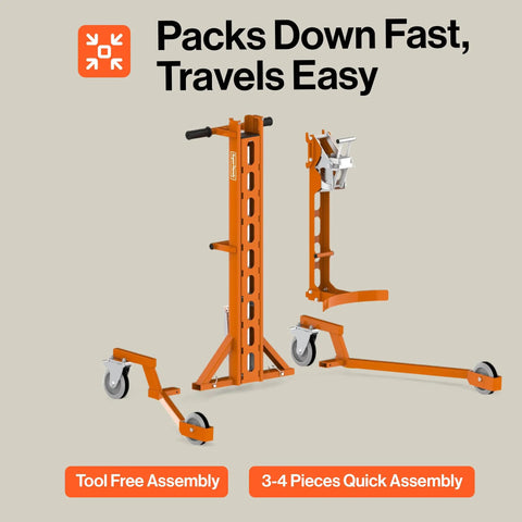 Serious Heavy Duty Hydraulic Drum Lift Crank For 55-Gallon Drums Handles Up To 550 Pounds With Ease showing tool-free assembly and mobility features.