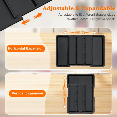 Beefy Expandable Large Silverware Drawer Organizer For Kitchen Drawers Adjustable Cutlery Tray visible in expansion modes.