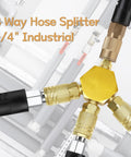 Three Way Air Hose Splitter With One Quarter Inch Fittings, Aluminum Copper Plated Manifold in industrial setting.