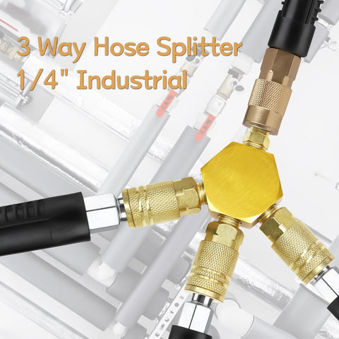 Three Way Air Hose Splitter With One Quarter Inch Fittings, Aluminum Copper Plated Manifold in industrial setting.