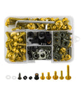 Top Shelf Aluminum Motorcycle Fairing Bolt Kit With Rock Solid Grip For M5 M6 Motorbike Windscreen Screws And Windshield Fasteners Built Damn Tough For Universal Sportbike Maintenance And Heavy Duty Cruising 177 Piece Set in a plastic storage box.