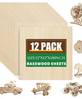 Basswood sheets, front view, 12-pack, 12x12x1/8 in, unfinished wood for crafts.