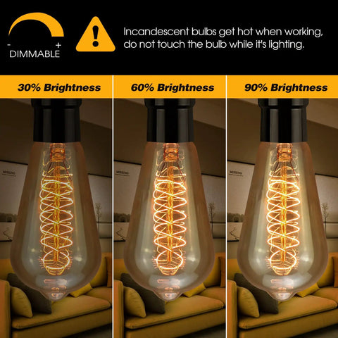 Old School Edison ST64 40W Incandescent Bulbs With Dimmable E26 E27 Bases For Outdoor Sockets, brightness levels shown
