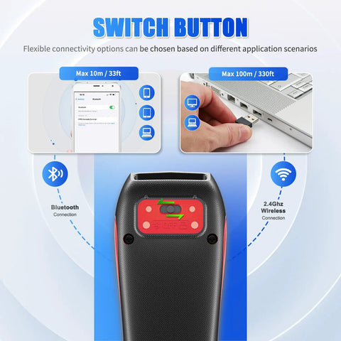 Bluetooth 2D QR Code Scanner With Zebra Scan Engine showing wireless connection options and switch button for tablets and POS systems