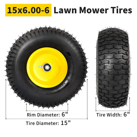 15x6.00-6nhs Beefed Up Lawn Mower Tires and Wheels Set Front Pneumatic Replacement with Yellow Rim