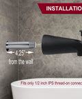 Installation view of 5 1/4 Inch Reach Wall Mount Tub Spout With Front Diverter In Matte Black, half inch IPS thread on connection.