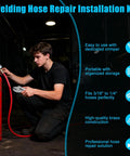 Man using Hose Repair Kit With Crimper And Crimp Tool For 3/16 To 1/4 Inch ID Air Hoses Brass Fittings Welding Torch Kit on red tank