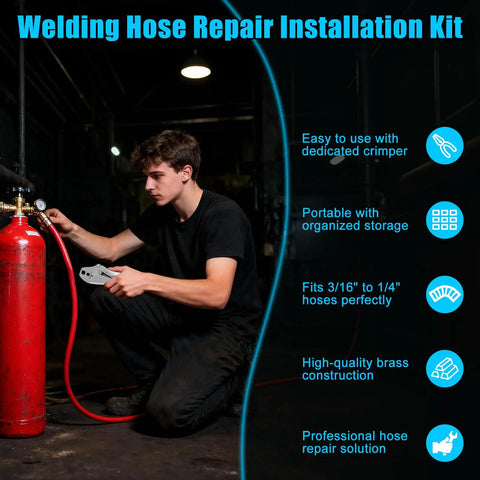Man using Hose Repair Kit With Crimper And Crimp Tool For 3/16 To 1/4 Inch ID Air Hoses Brass Fittings Welding Torch Kit on red tank