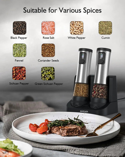 Electric Salt And Pepper Grinder Set With 2 Speed Modes 5 Coarseness Settings next to a steak meal and spices variety