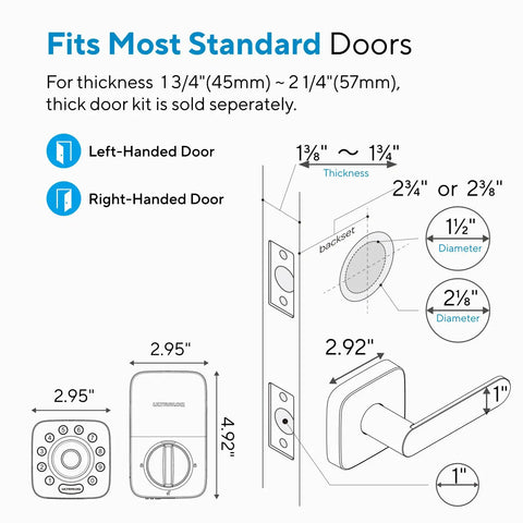 Diagram showing dimensions for WiFi Smart Lock With Handle And Fingerprint Keyless Entry, fits doors 1¾" to 2¼"
