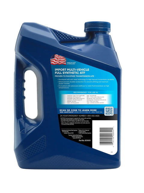 Full Synthetic ATF Automatic Transmission Fluid For Multi Vehicle Use 1 Gallon With Anti Shudder Protection bottle back view