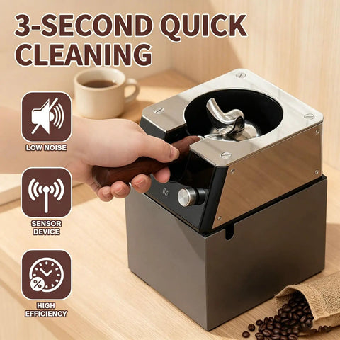 Hassle Free Automatic Espresso Portafilter Cleaner With Smart Proximity Sensor For 58 Mm Makers, featuring a sleek aluminum design.