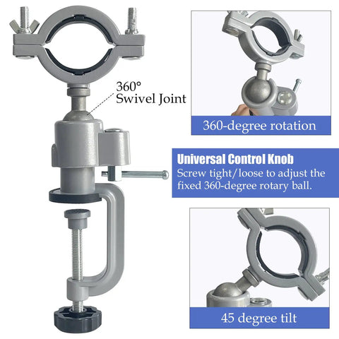 Heavy Duty Bench Clamp Vise Drill Stand Holder With 360 Degree Swivel And 45 Degree Tilt Adjustable Clamp For 1.57 To 2.16 Inch Diameters 2.04 Inch Throat Aluminum Alloy Workhorse Grinder Holder For DIY Projects And Jewelry Making, 360° swivel