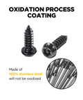 Heavy Duty Black Stainless Steel License Plate Screws With Tamper Proof Anti Theft Hardware And Nylon Inserts For Cars And Trucks Keeps Your Plates Locked Down Tight While Including A Dedicated Quick Install Tool To Get It Done Right close-up of black stainless steel screws showing oxidation process and durability.